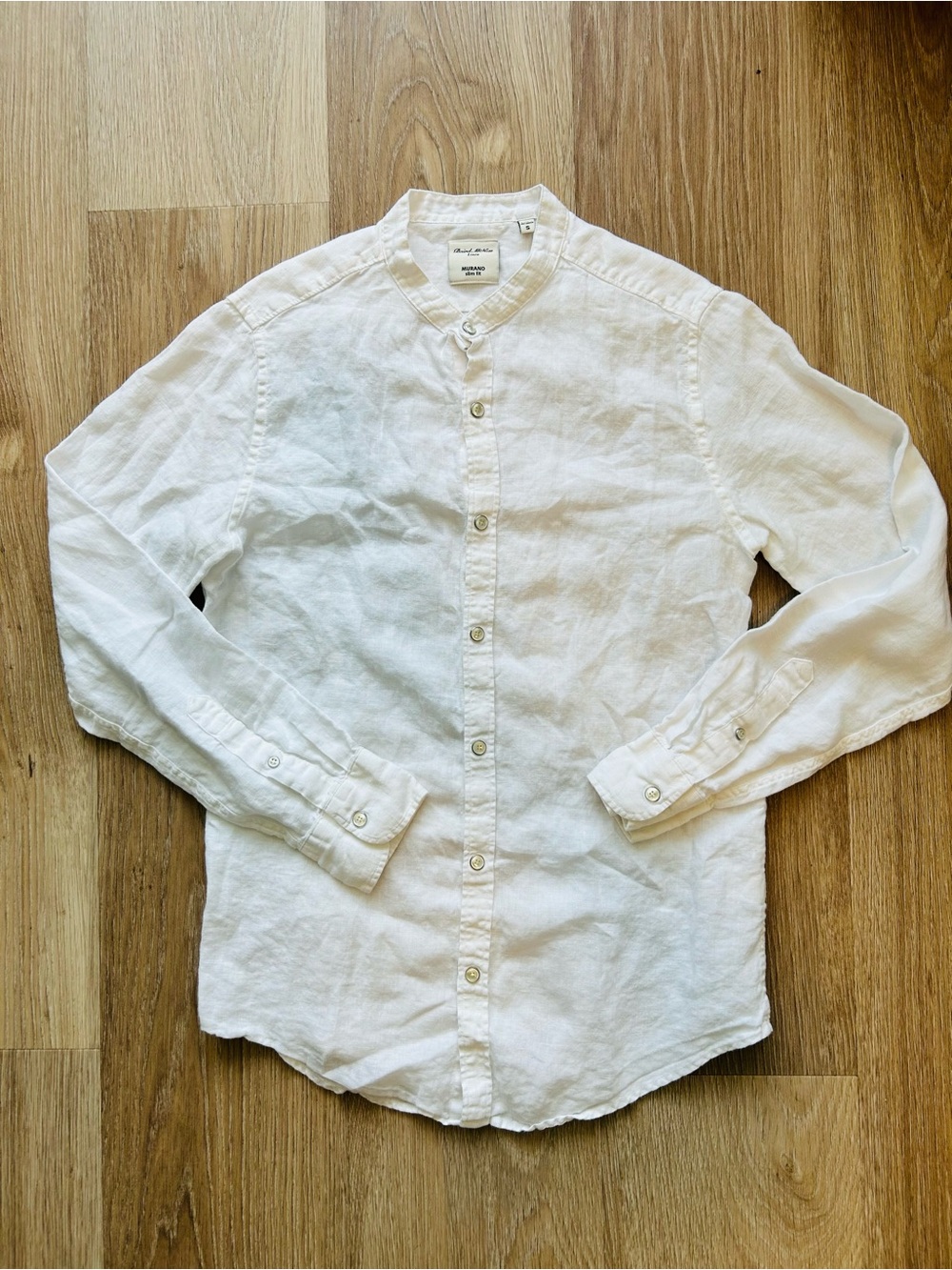 Baird McNutt Band Collar White Linen Snap Button Down Shirt